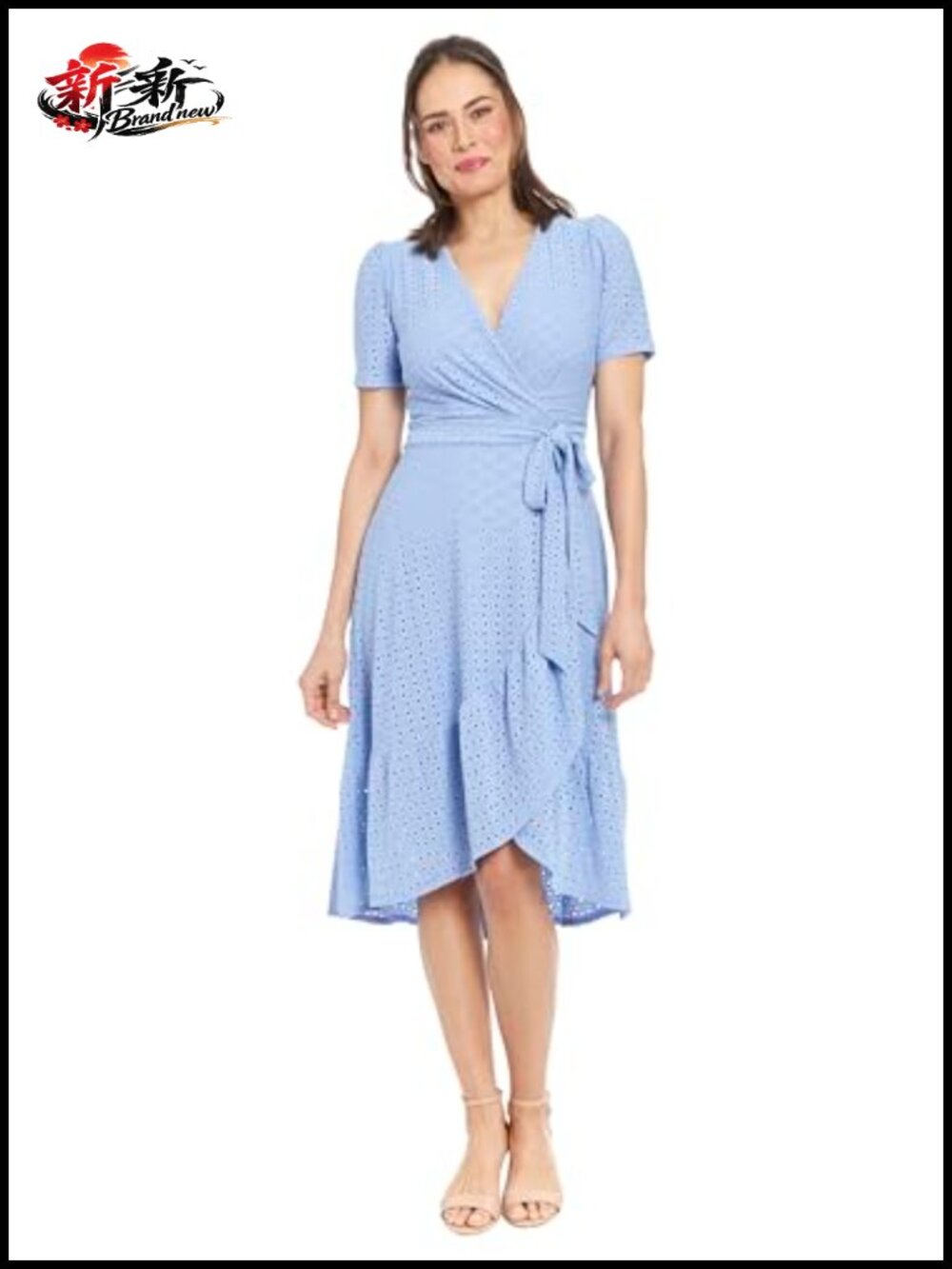 Short Sleeve Ruffle Wrap Dress Polyester Spandex Surplice V-Neck
